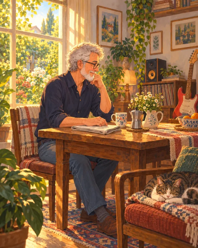 An illustrated man enjoying morning coffee beside a garden window.